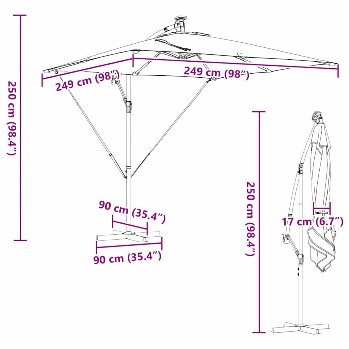 Diagramma di un grande ombrellone quadrato con dimensioni indicate in cm e pollici.