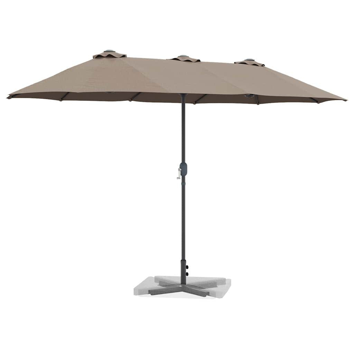 Un grande ombrellone rettangolare beige su sfondo bianco. Ha un palo e una base grigio scuro.
