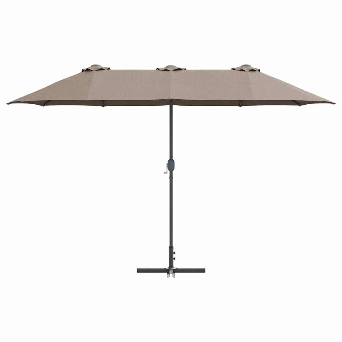 Un grande ombrellone rettangolare beige con palo e base grigio scuro, su sfondo bianco.