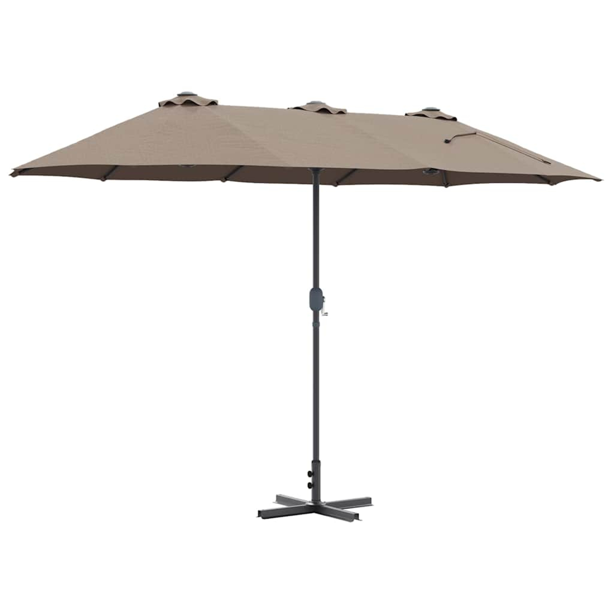 Un grande ombrellone rettangolare da patio con un baldacchino beige e un palo e una base grigio scuro, su sfondo bianco.