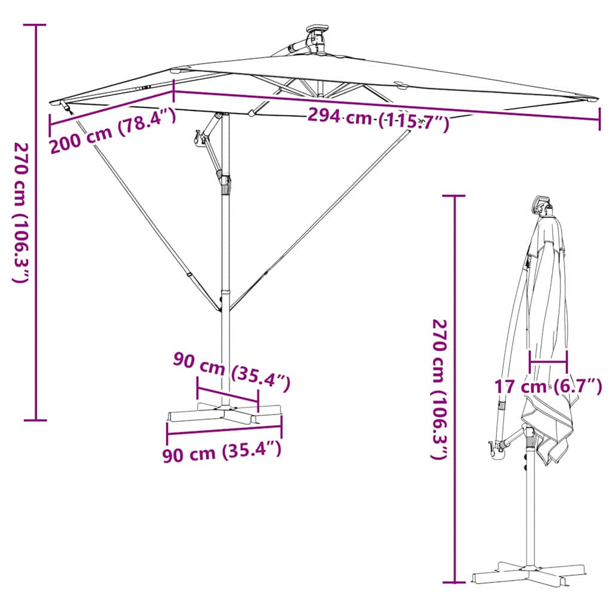 Diagramma di un ombrellone quadrato con dimensioni in cm e pollici. Mostra le posizioni aperte e chiuse.
