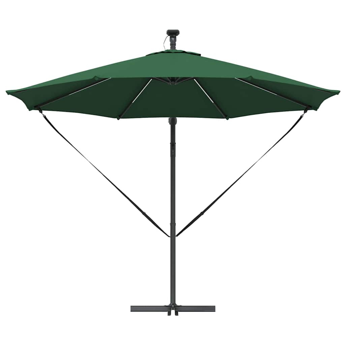 Un ombrellone verde con telaio nero su sfondo bianco. Ha una cupola rotonda e cinghie di supporto.