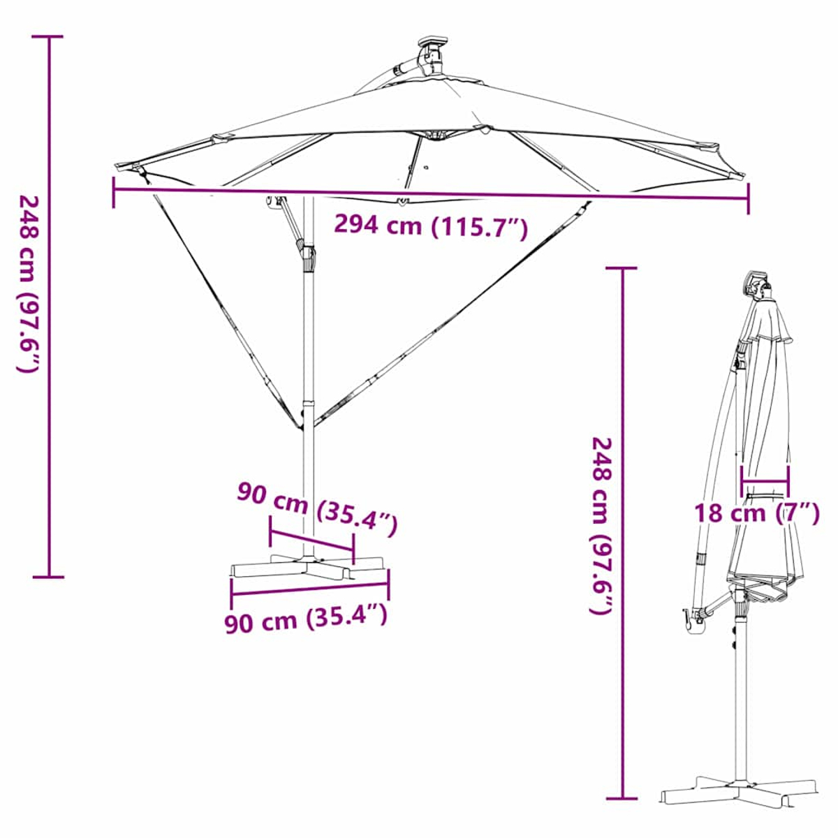 Diagramma di un ombrellone con dimensioni in cm e pollici. L'ombrellone è aperto, mostrando la larghezza, l'altezza e le dimensioni della base.
