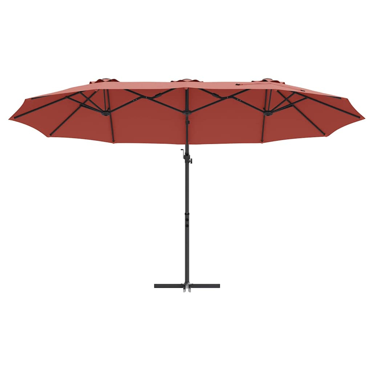 Un grande ombrellone rettangolare da patio di colore terracotta. Ha un palo e una base neri, su sfondo bianco.