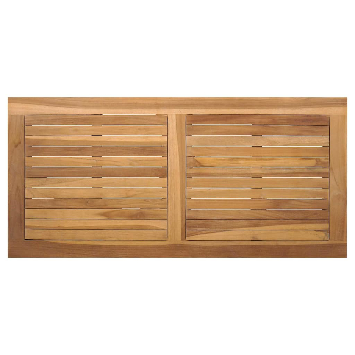 Holztischplatte mit zwei rechteckigen Abschnitten. Jeder Abschnitt hat horizontale Lamellen. Der Rahmen besteht aus hellbraunem Holz.