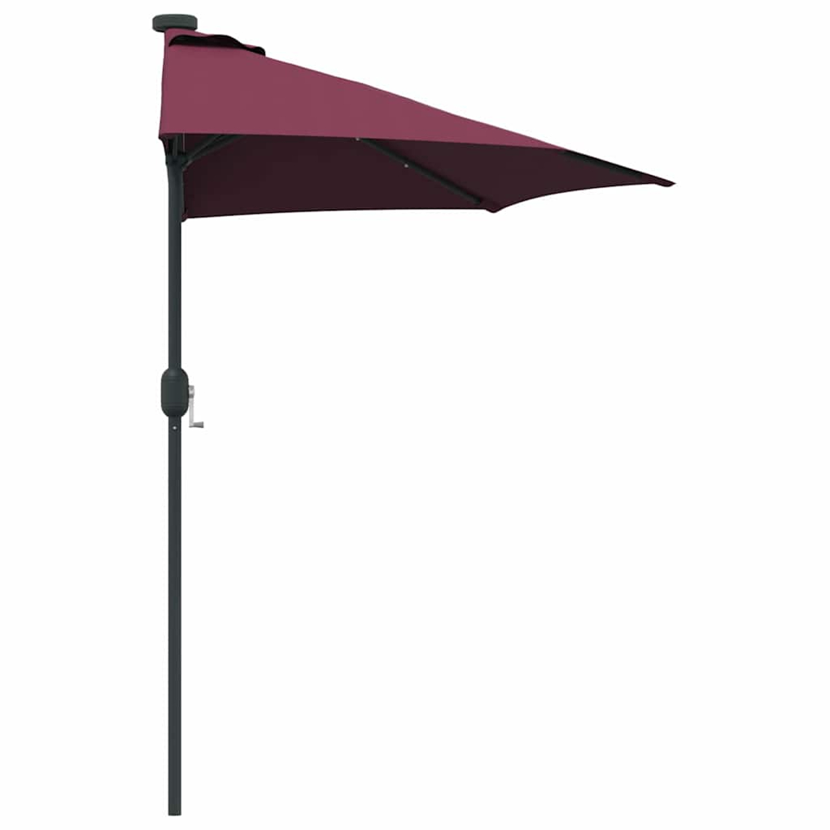 Un ombrellone da patio bordeaux con palo nero. L'ombrello è parzialmente aperto, su sfondo bianco.