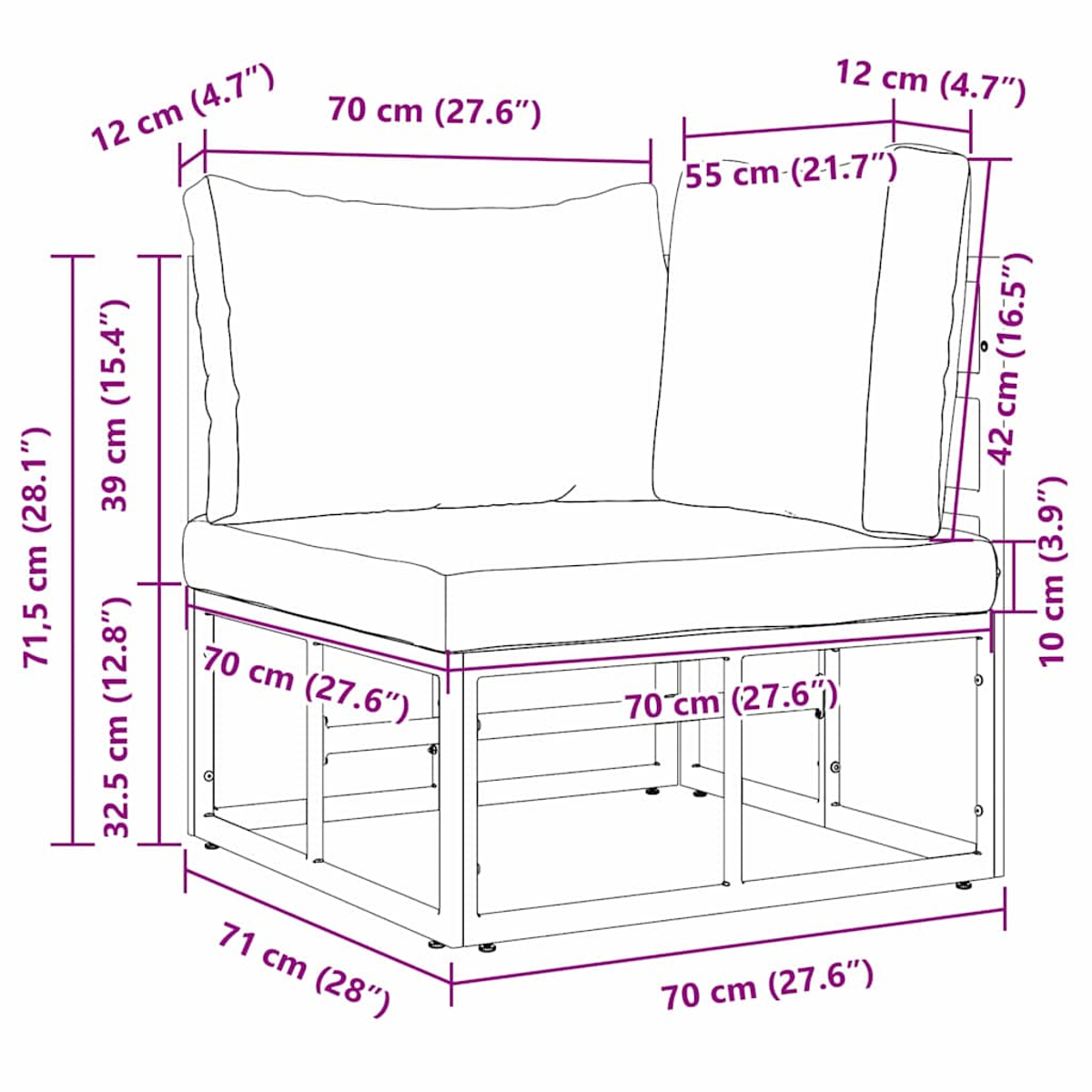 Un'illustrazione di un divano componibile. Vengono fornite le dimensioni, evidenziando le dimensioni del telaio e dei cuscini in centimetri e pollici.