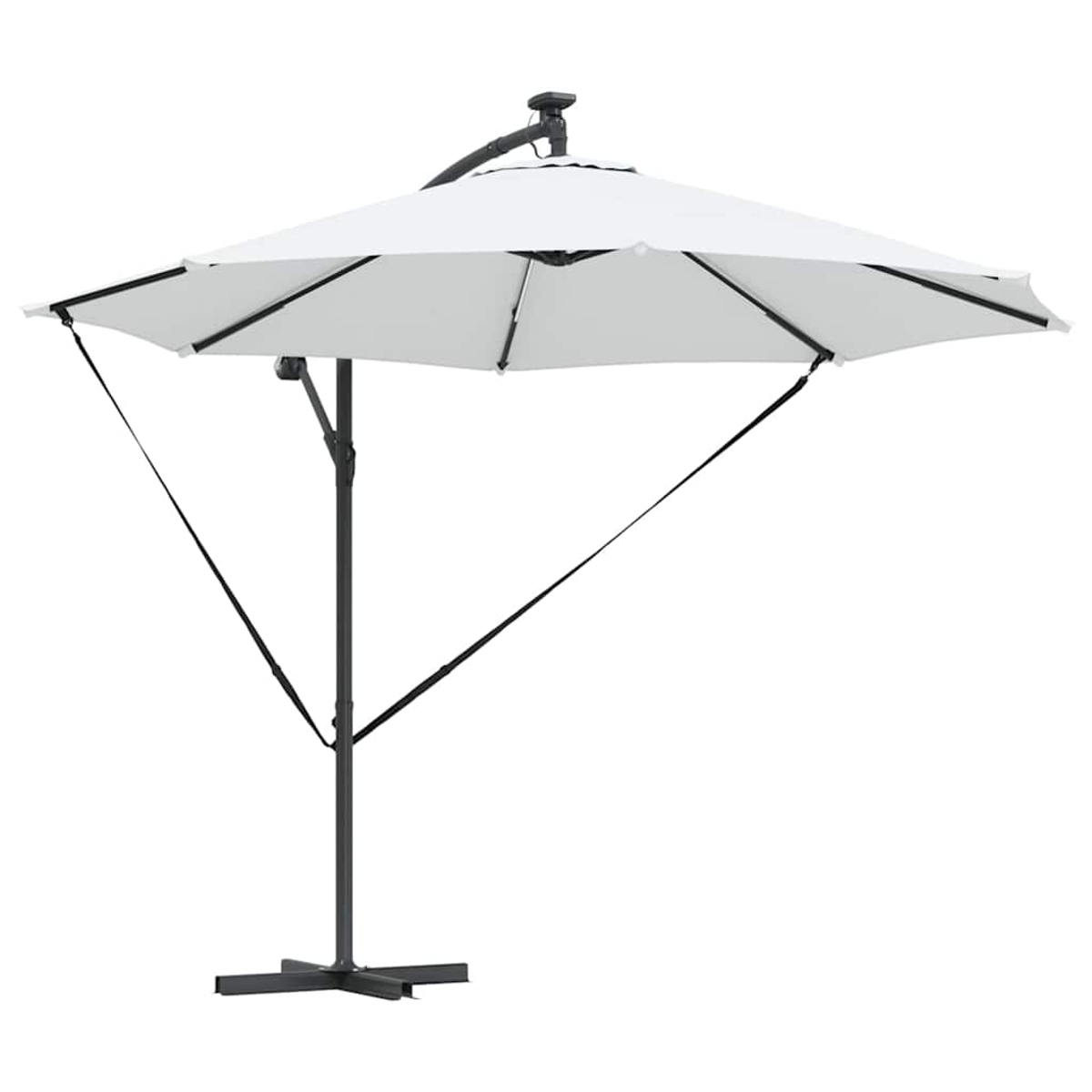 Un ombrellone da patio bianco, ottagonale, con telaio e base neri. Su sfondo bianco.