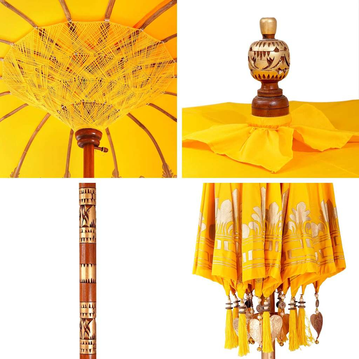 Gelber, verzierter Sonnenschirm. Detaillierte Aufnahmen zeigen Holzstange mit Schnitzereien, dekorative Spitze und Blattgold-Design. Quasten und Blatt-Anhänger.