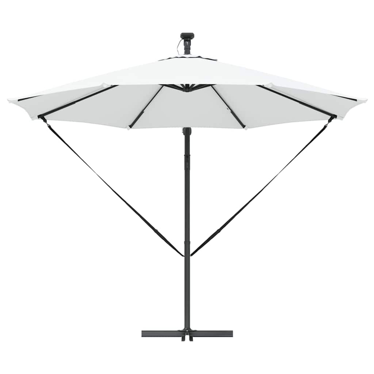 Un ombrellone bianco con telaio nero. Ha una capote rotonda e un palo centrale con base a croce.