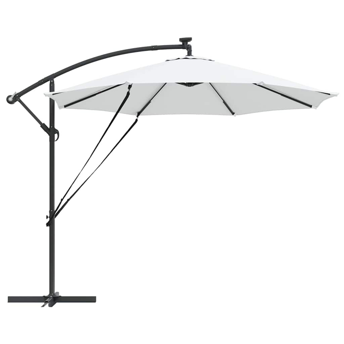 Un ombrellone bianco con una struttura in metallo nero. È aperto. Lo sfondo è bianco.