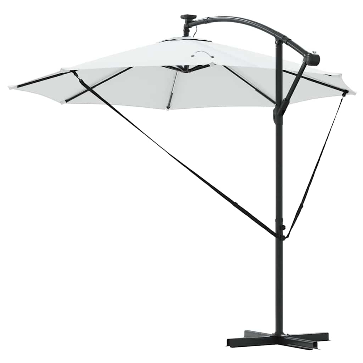 Un ombrellone bianco con struttura nera. L'ombrellone è aperto e la base ha una forma a croce.