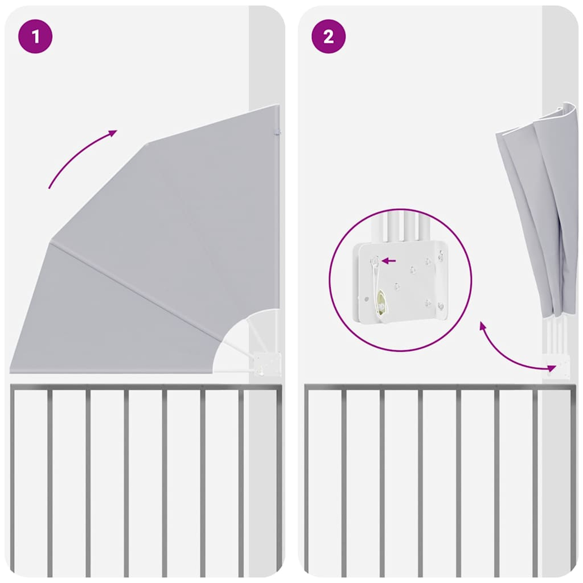 Diagramm zeigt Schritte zur Installation eines Sonnenschutzes. Der erste Schritt zeigt das Entfalten des Schattens. Der zweite Schritt zeigt das Anbringen des Schattens an einer Halterung.