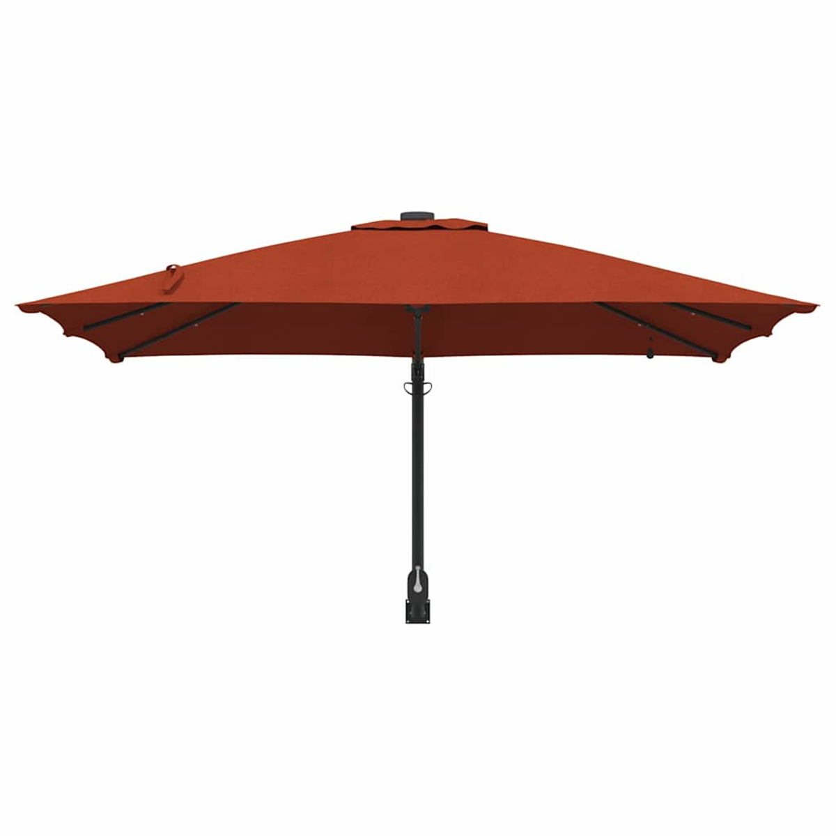 Un ombrellone da patio rettangolare aperto. La tenda è di colore rosso-arancio, sostenuta da un palo e un telaio neri, su uno sfondo bianco.