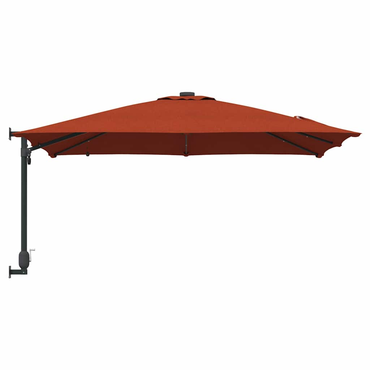 Un ombrellone a sbalzo con tenda color ruggine. Il palo e il telaio di supporto sono neri, su sfondo bianco.