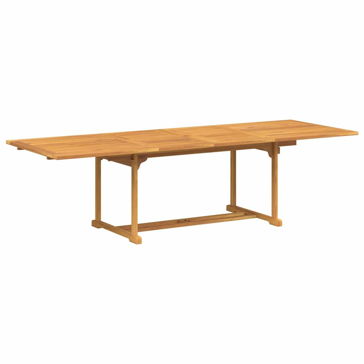 Ein rechteckiger Holztisch mit zwei ausziehbaren Seiten steht isoliert vor weißem Hintergrund. Er hat vier Stützbeine.