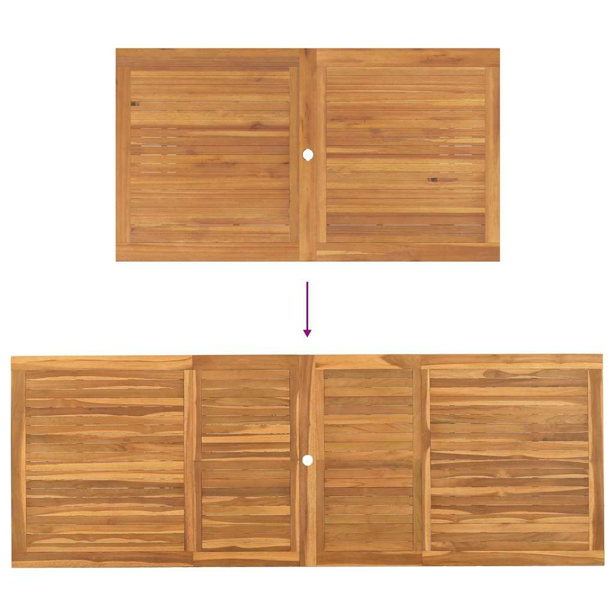 Holztisch, Draufsicht, erweiterbar. Oben zwei Paneele, Pfeil zeigt Erweiterung zu größerem Tisch mit drei Paneelen.