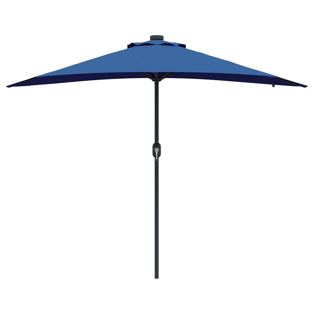 Un ombrellone blu, rettangolare con bordatura blu scuro. Il palo è nero e lo sfondo bianco.