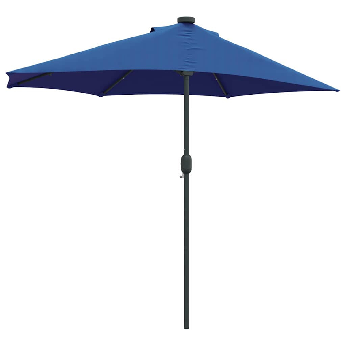 Un ombrellone blu rettangolare con un palo grigio scuro, su sfondo bianco.