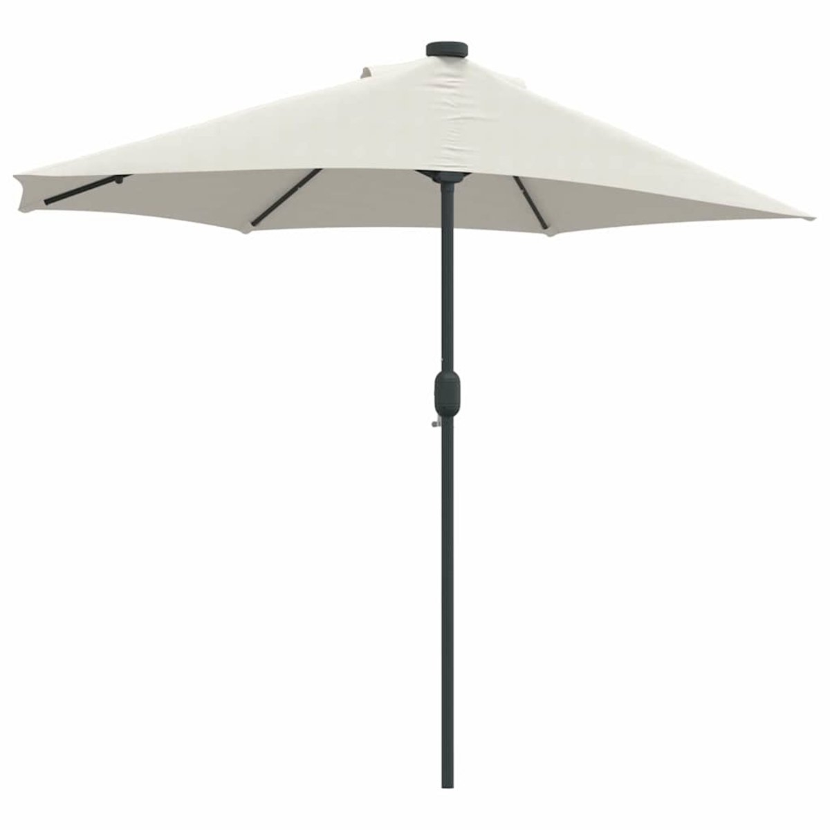 Un ombrellone da patio rettangolare color crema con un palo grigio scuro. L'ombrellone è aperto e lo sfondo è bianco.