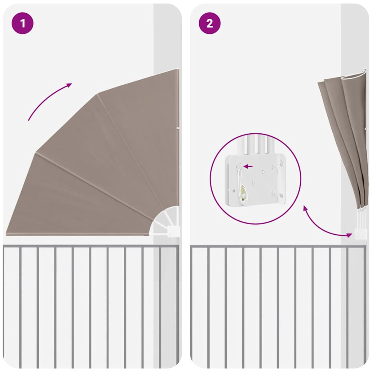 Diagramm zeigt die Installation eines Blinds. Tafel 1 zeigt den teilweise geöffneten Blind. Tafel 2 zeigt den Montagemechanismus.