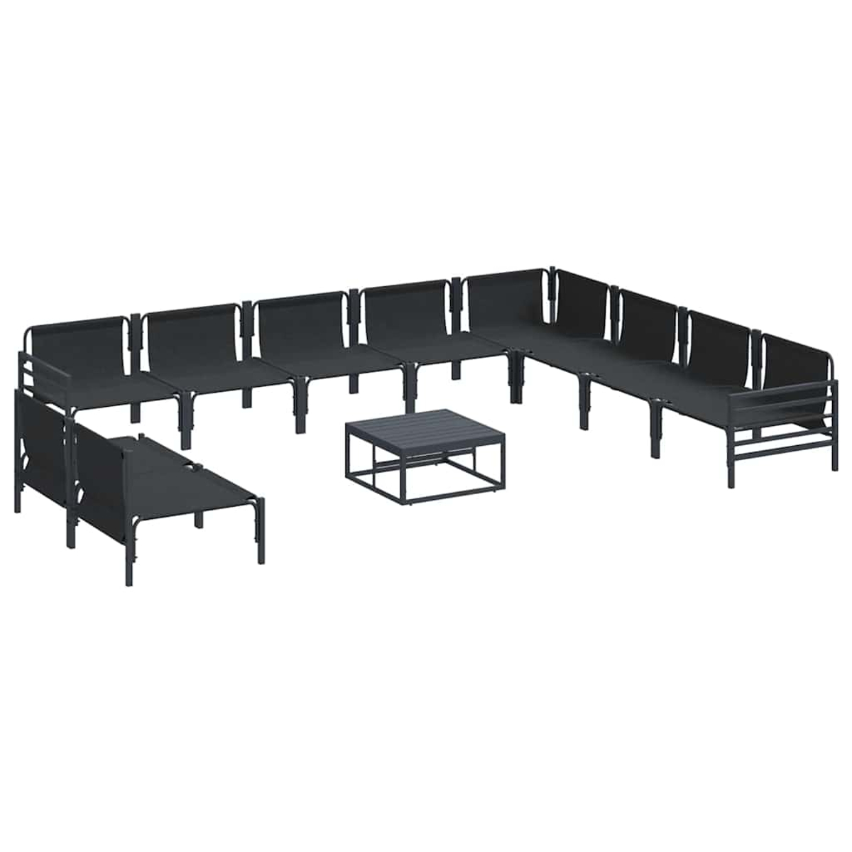Set divano componibile da esterno nero, include un tavolino. Disposto a forma di U con una chaise longue laterale.