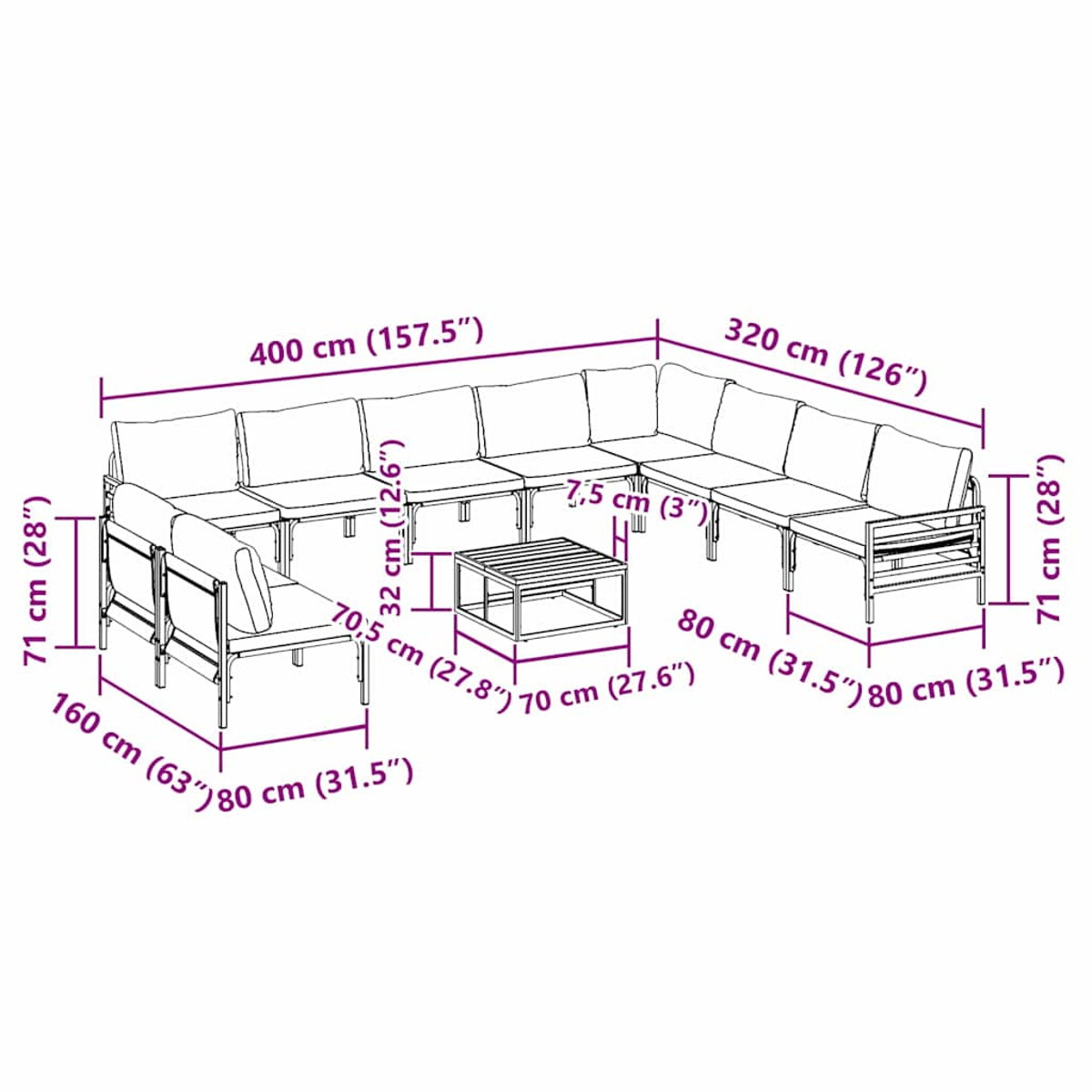 Schema di divano componibile da esterno con dimensioni in cm e pollici. Include un tavolino al centro.