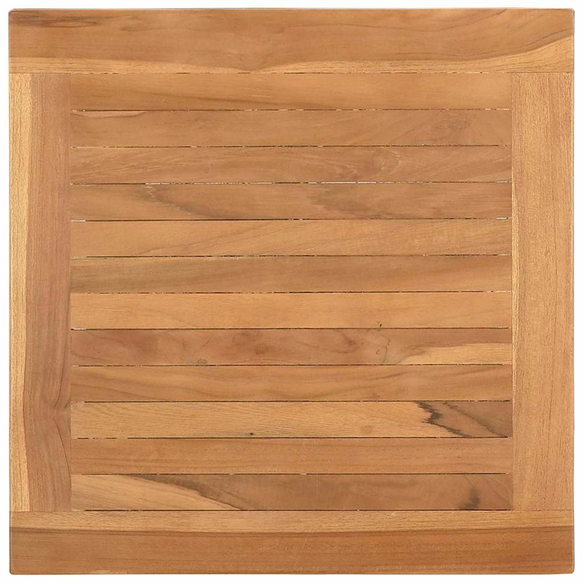Draufsicht auf einen quadratischen Holztisch. Die Oberfläche besteht aus horizontalen Holzlatten, die von einem breiteren Holzrahmen eingefasst sind.