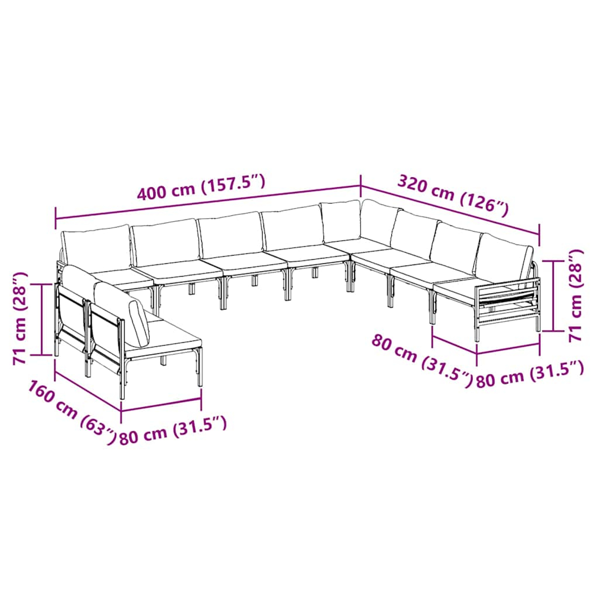 Diagramma di un divano modulare da esterno. Le dimensioni sono indicate in cm e pollici. Il divano ha più sezioni, con cuscini e telai metallici.