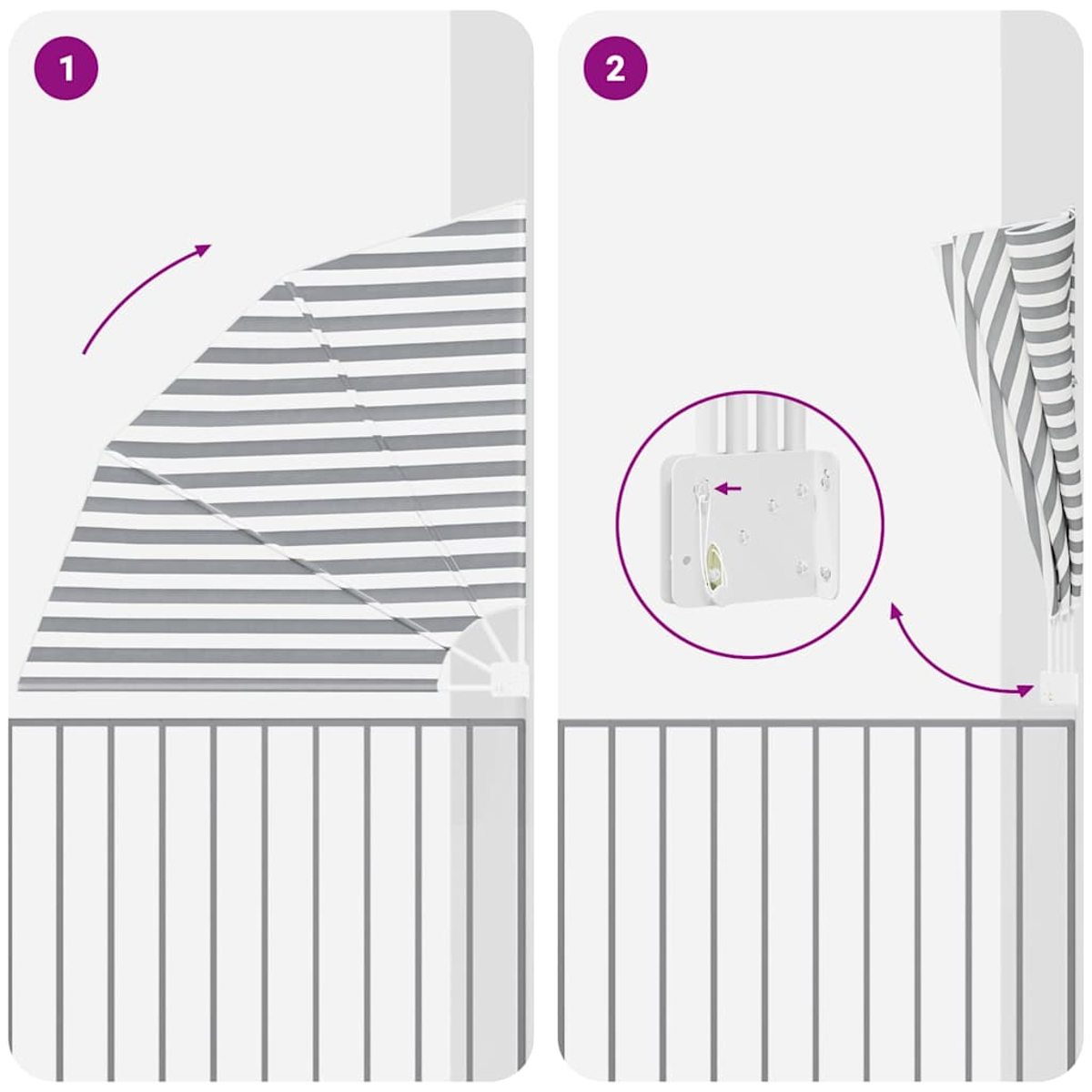 Diagramm zeigt ein weiß-grau gestreiftes Vordach, das geöffnet wird. Eine Halterung ist ebenfalls abgebildet, mit einem gestreiften Vorhang.