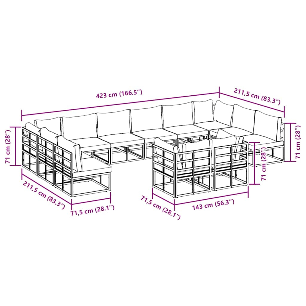 Ein Outdoor-Ecksofa-Set mit mehreren Teilen, einschließlich Sitzgelegenheiten und Tischen. Maße sind im gesamten Design angegeben.