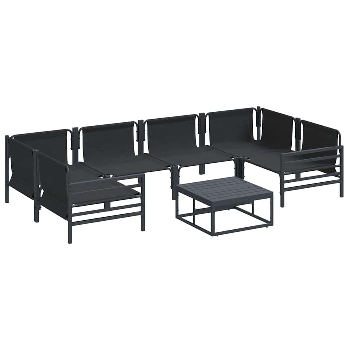 Ein Outdoor-Sitzmöbel-Set. Es umfasst mehrere schwarze modulare Sofas und einen passenden quadratischen Couchtisch, alles auf weißem Hintergrund.
