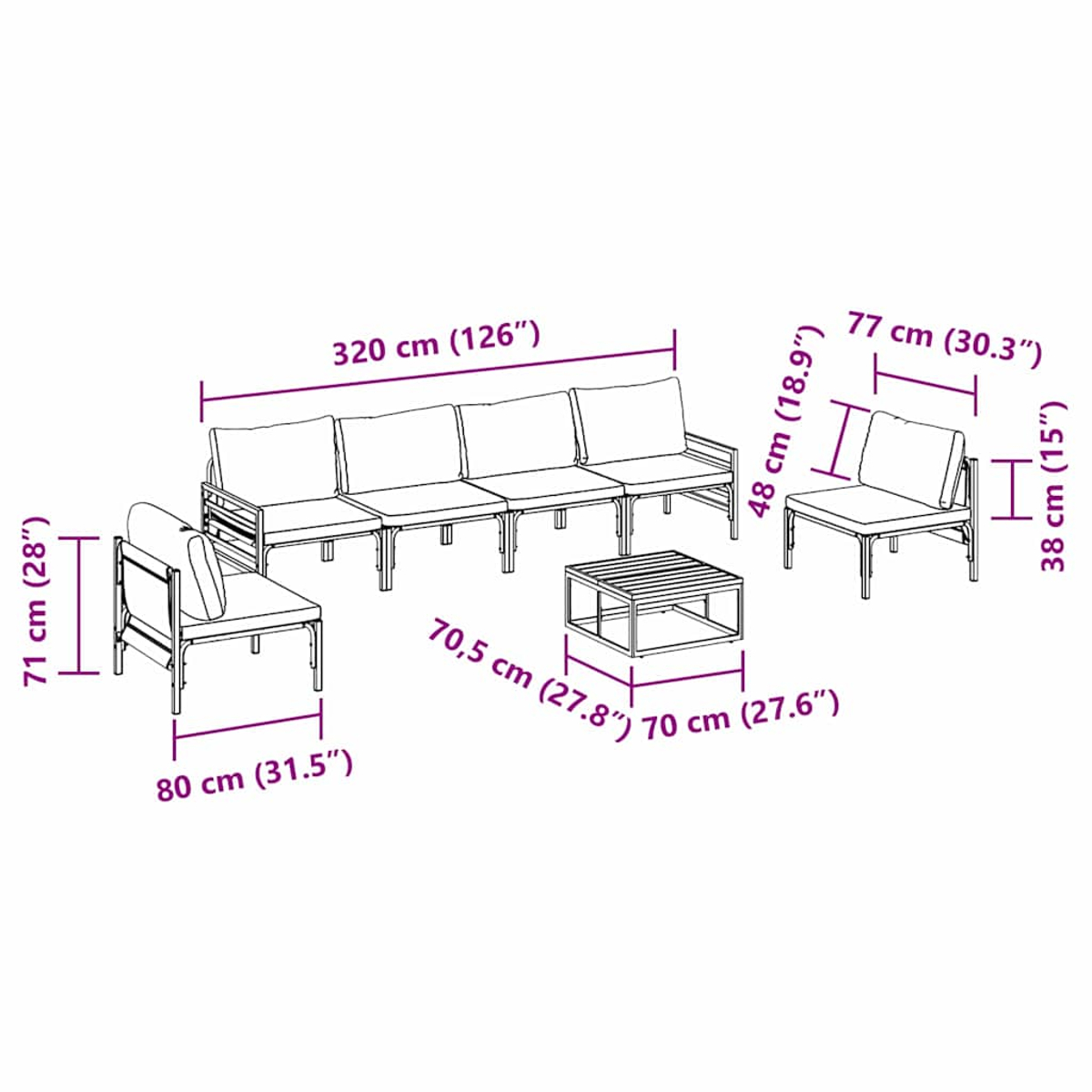 Un set di mobili da esterno viene visualizzato con le dimensioni. Include un divano grande, due sedie e un tavolino, tutti con misure.