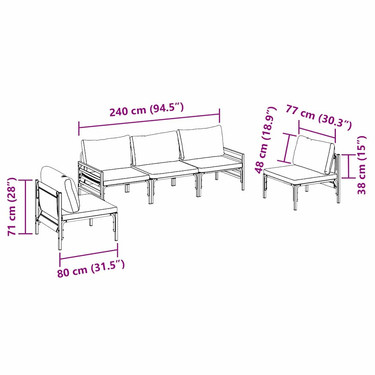 Diagramm eines Gartenmöbelsets mit Abmessungen. Es umfasst ein Sofa und zwei Sessel mit Maßen in Zentimetern und Zoll.