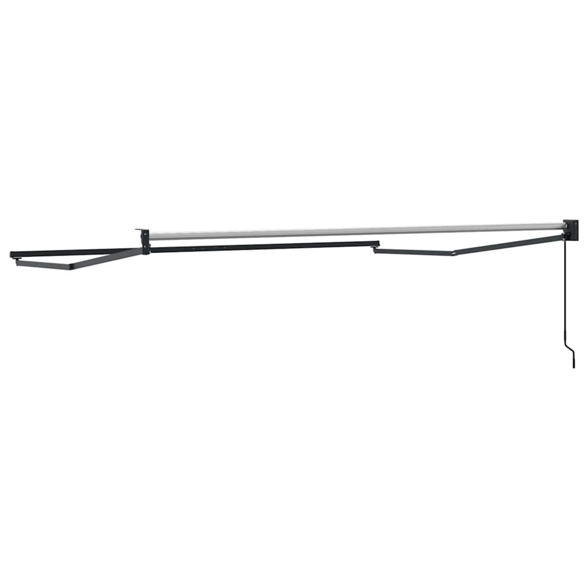 Eine Wandgarderobe, ausziehbar. Sie ist schwarz und silber, mit einer langen horizontalen Stange. Ein dünner schwarzer Faden hängt herab.