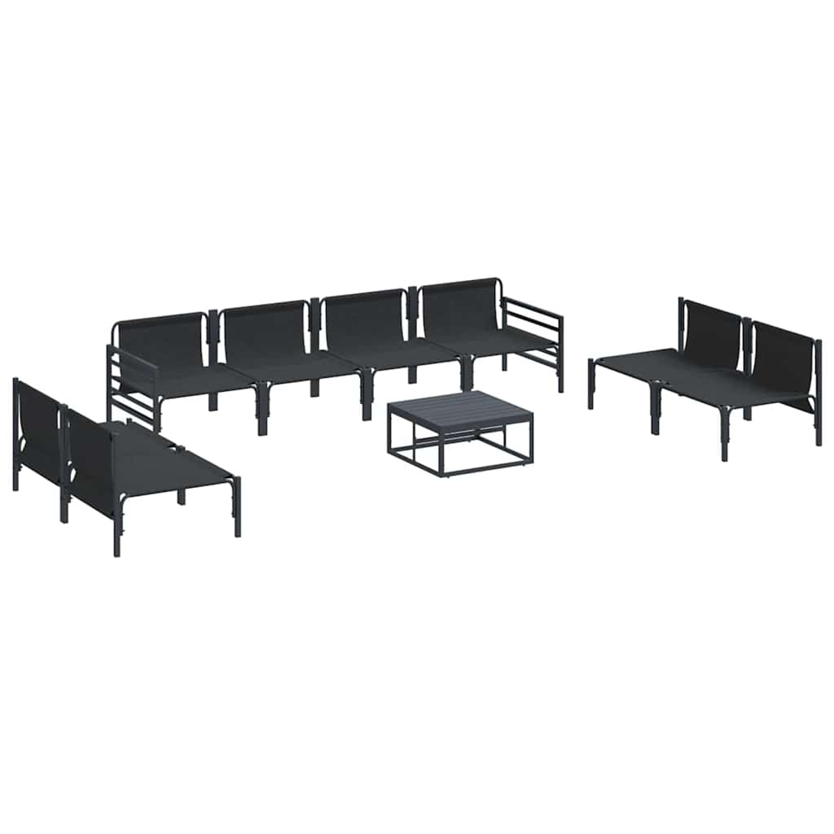 Gartenmöbel-Set: mehrere schwarze Bänke, ein kleiner Tisch und zwei Liegestühle. Alle Artikel vor weißem Hintergrund.