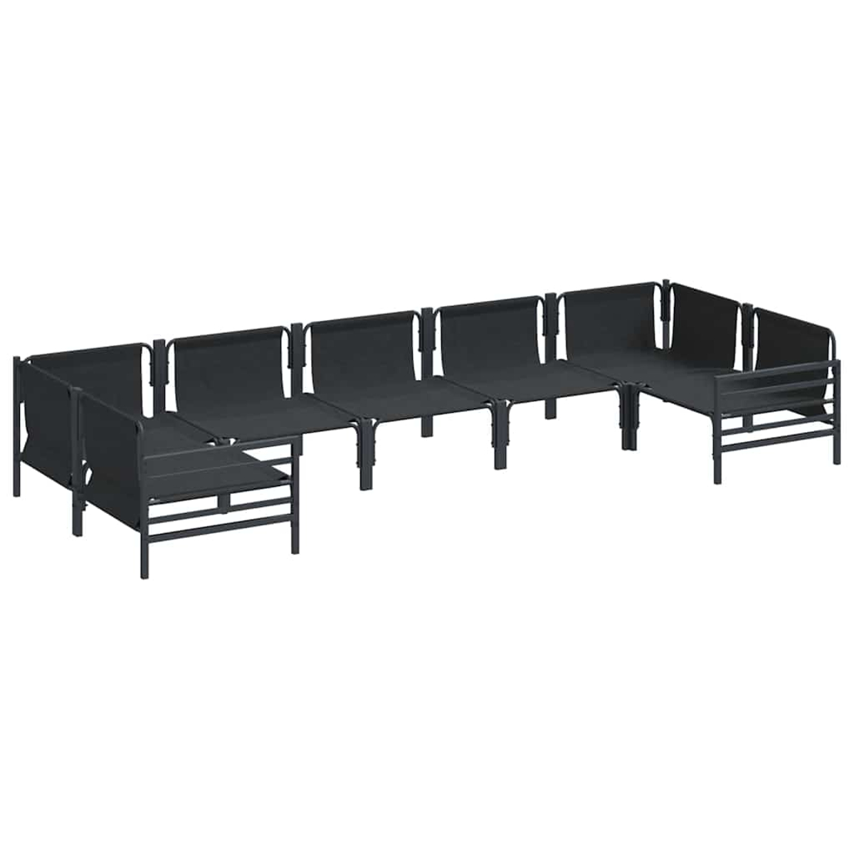Ein Outdoor-Ecksofa, hergestellt aus schwarzen Metallrahmen und dunklen Stoffbezügen. Das Layout bildet eine U-Form mit einem Beistelltisch.