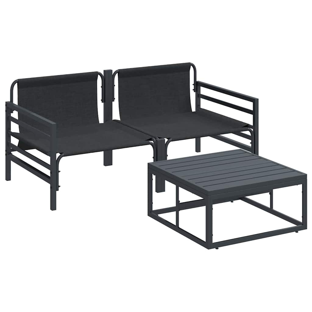 Un set di mobili da esterno grigio scuro. Include un divano a due posti e un tavolino quadrato. Entrambi hanno telai in metallo e superfici a doghe.