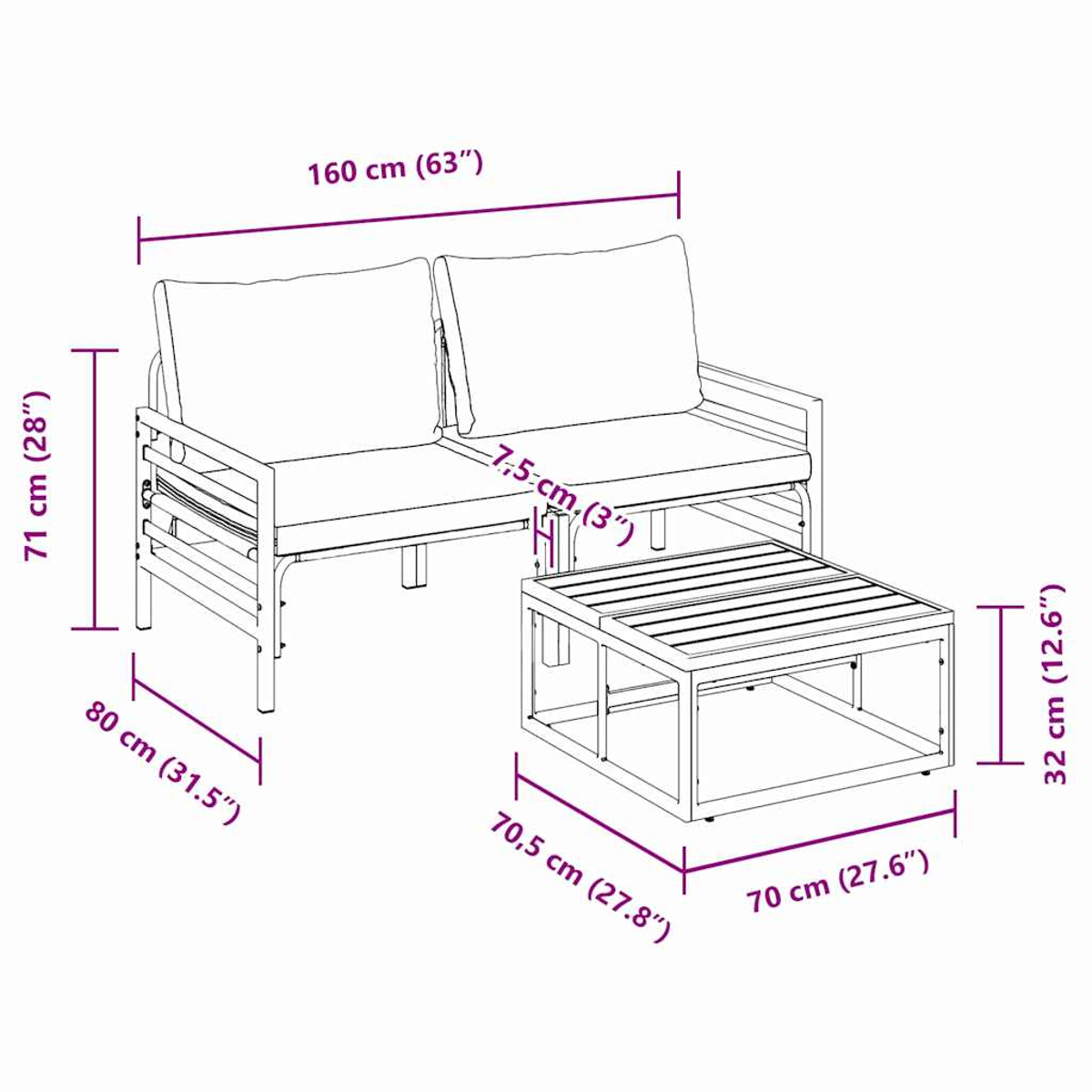 Un diagramma mostra un divano a due posti e un tavolino con dimensioni. Il divano è largo 160 cm e alto 71 cm. Il tavolo è lungo 70,5 cm.