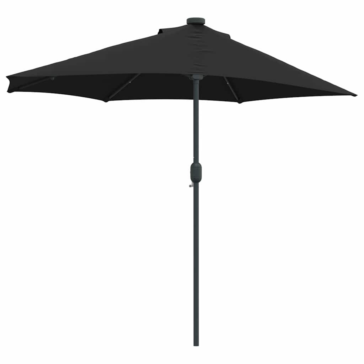 Un ombrello da patio nero rettangolare è centrato. Ha un palo grigio scuro e un pulsante per regolare l'altezza. Lo sfondo è bianco.