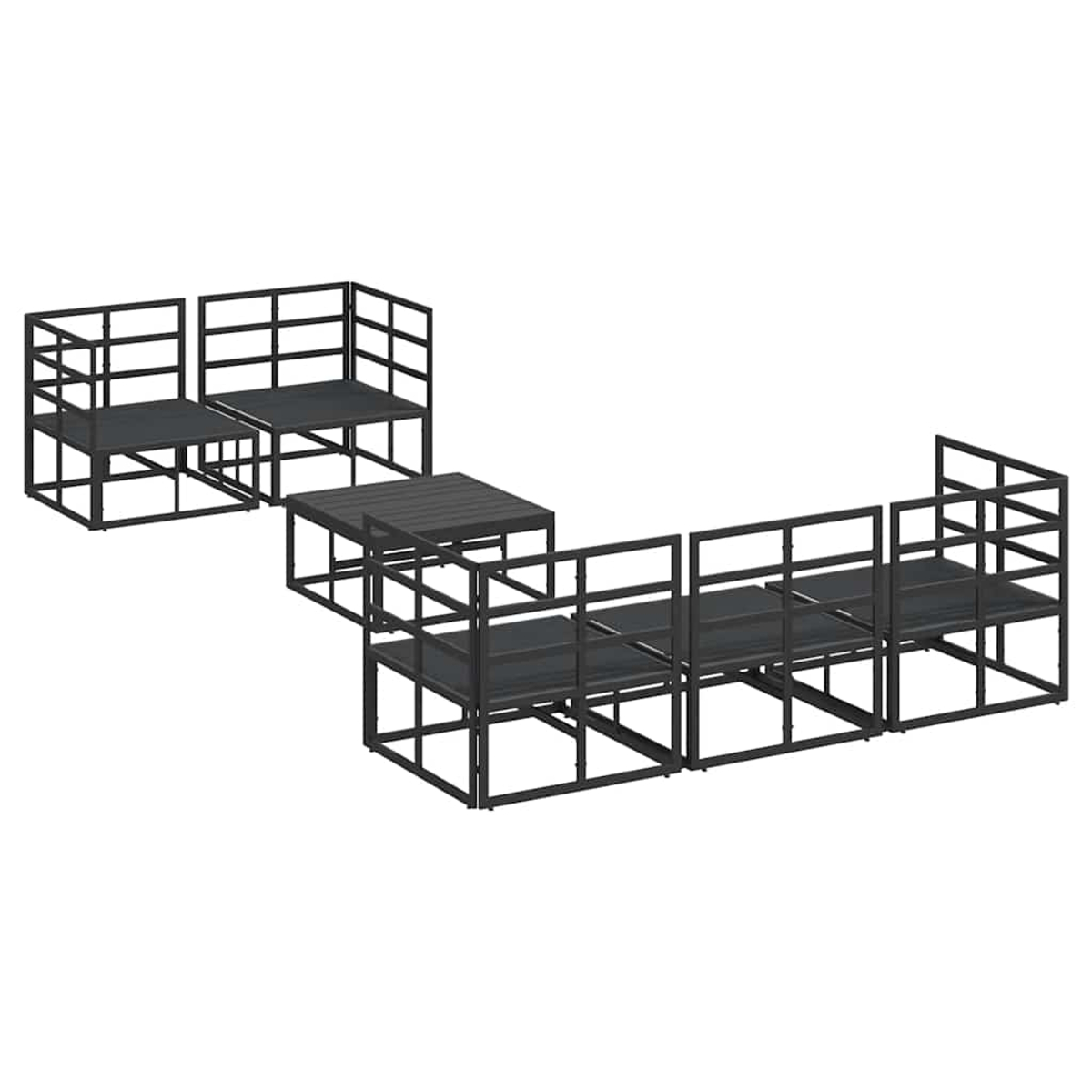 Varias unidades de asientos modulares para exteriores, incluida una mesa, dispuestas en un patrón geométrico sobre fondo blanco. Metal gris oscuro.