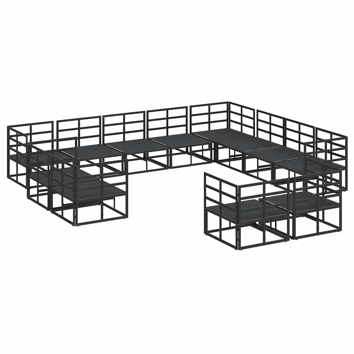 Una struttura in metallo nero a più livelli, simile a un palco o a una scaffalatura, su sfondo bianco.
