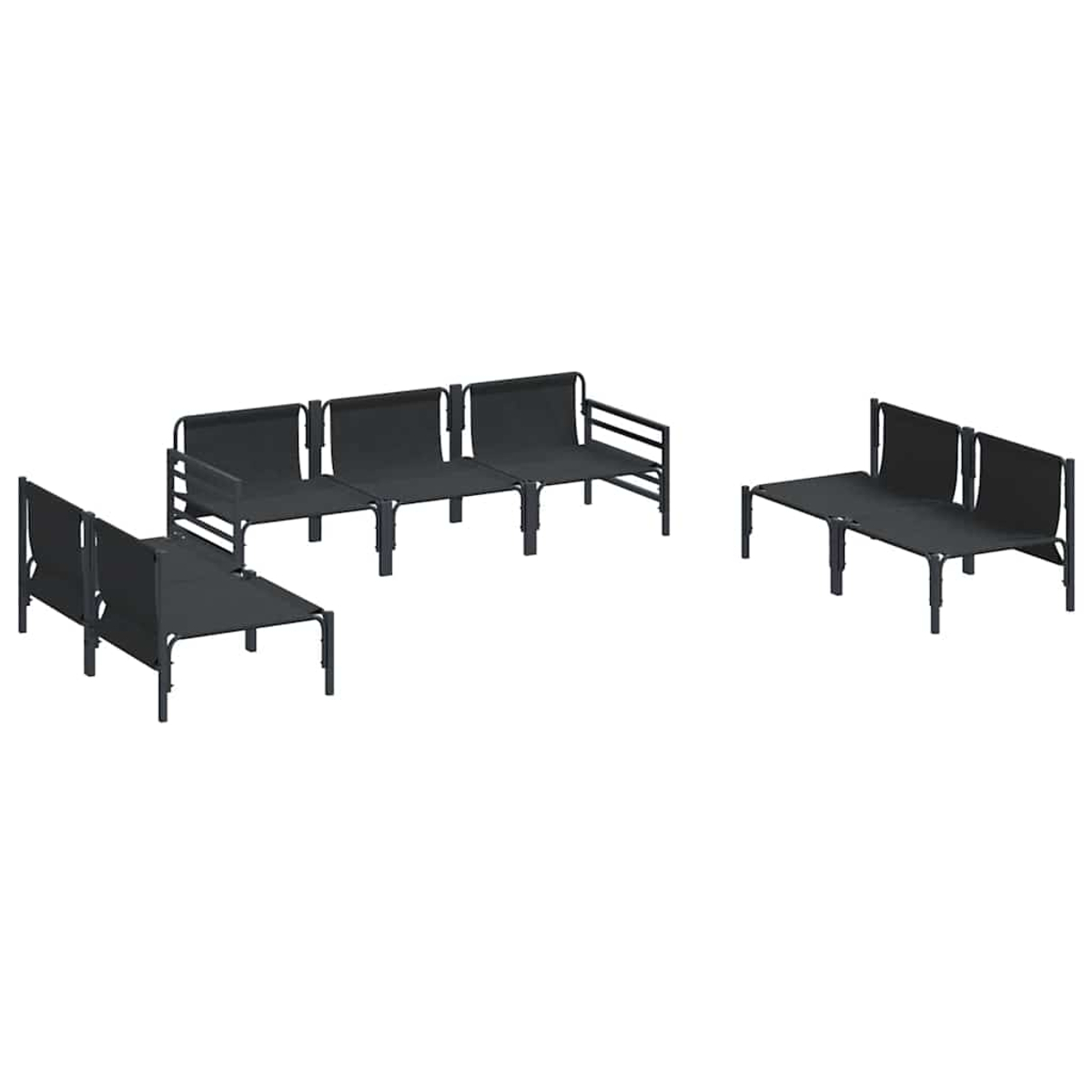 Varias piezas de muebles de exterior de color gris oscuro están dispuestas sobre un fondo blanco. Parecen estar hechas de marcos de metal y asientos de tela.