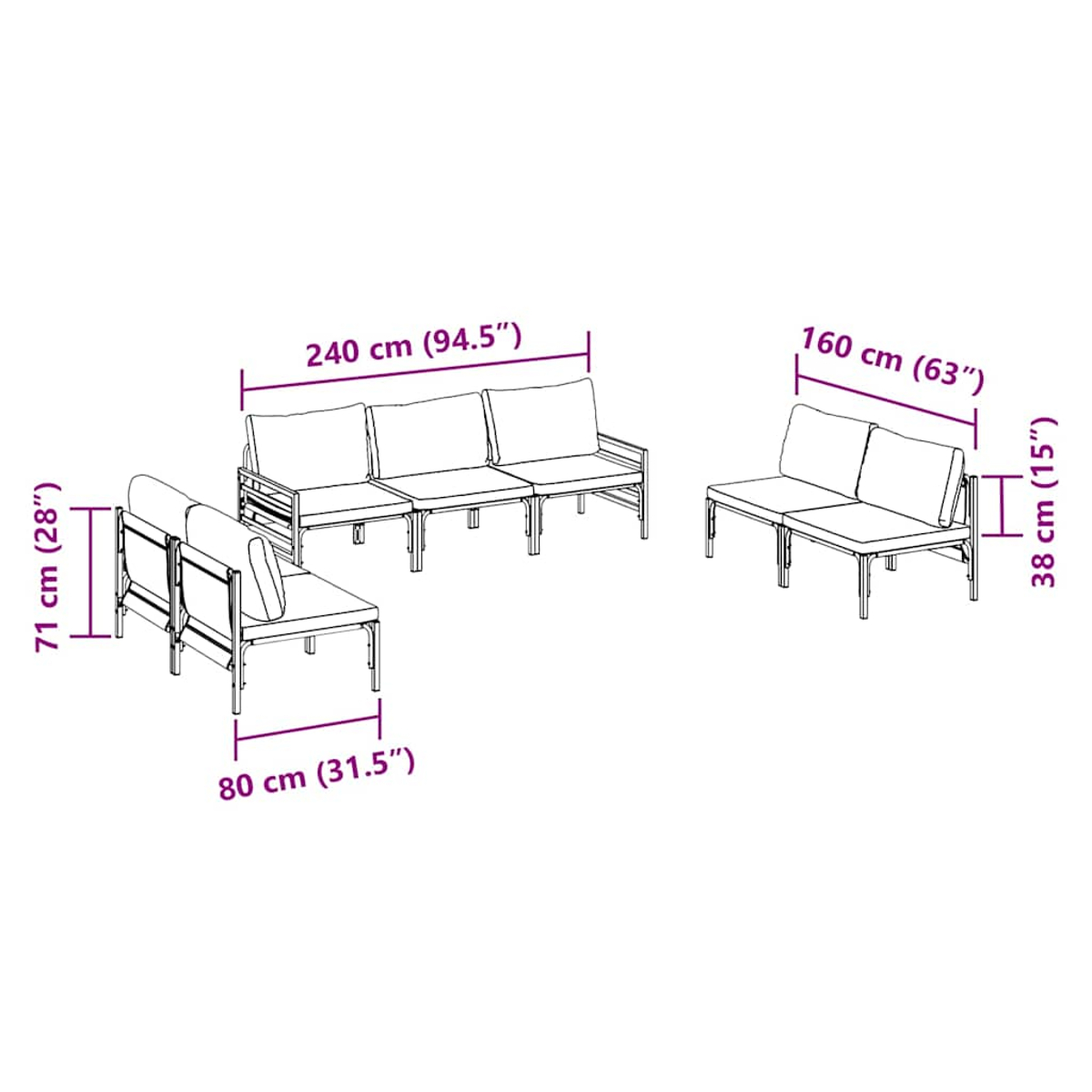Diagrama de juego de muebles de exterior: un sofá grande, un sofá de dos plazas y un sillón, con dimensiones en cm y pulgadas.