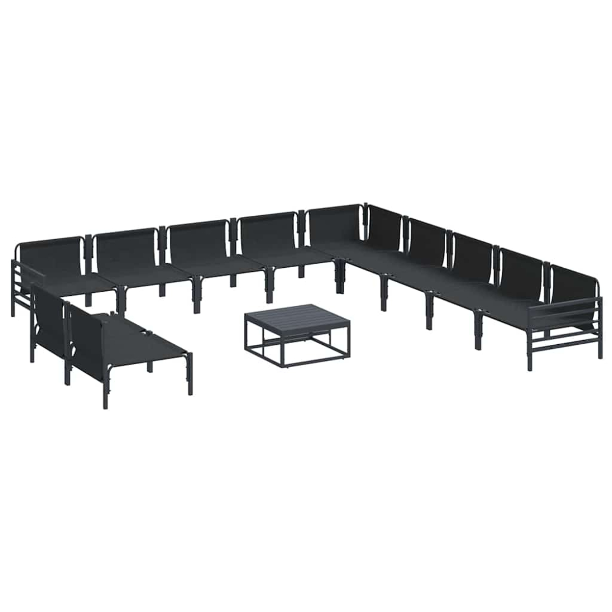 Ein Set schwarzer Gartenmöbel, bestehend aus Stühlen und einem Tisch, auf weißem Hintergrund.
