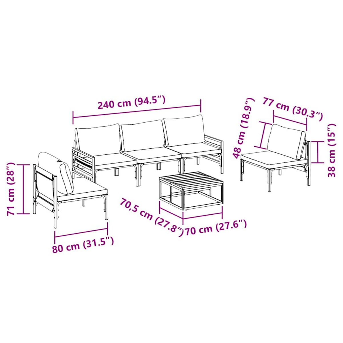Gartenmöbel-Set mit Abmessungen in cm und Zoll, einschließlich Sofa, Stühlen und Tisch, alles auf weißem Hintergrund.