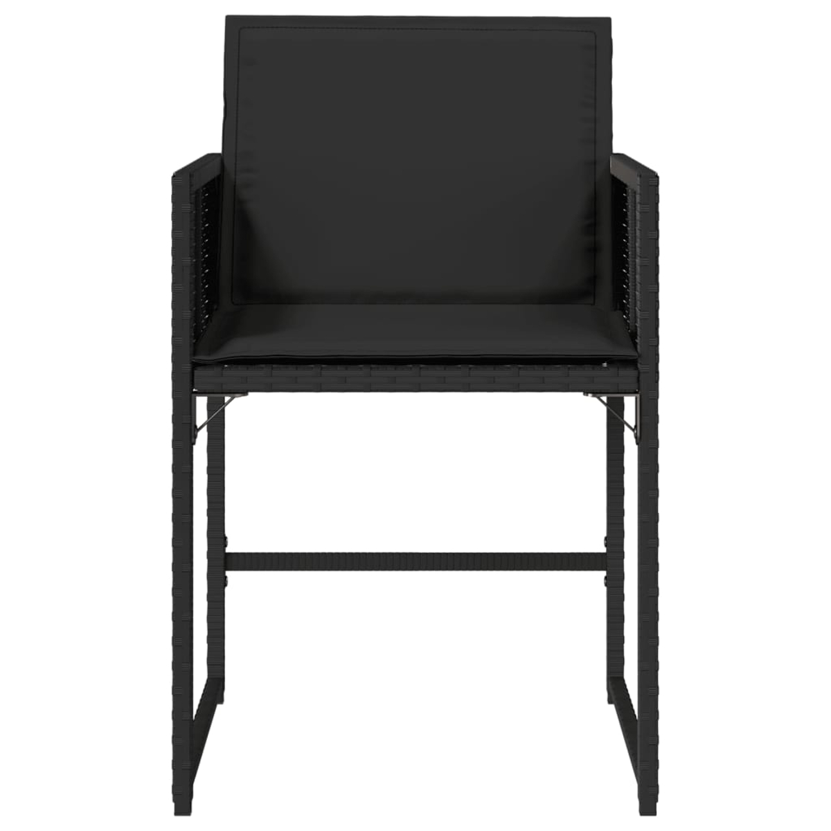 Silla negra para exteriores con cojín. Marco tejido y asiento rectangular. Los cojines del respaldo y del asiento son negros.