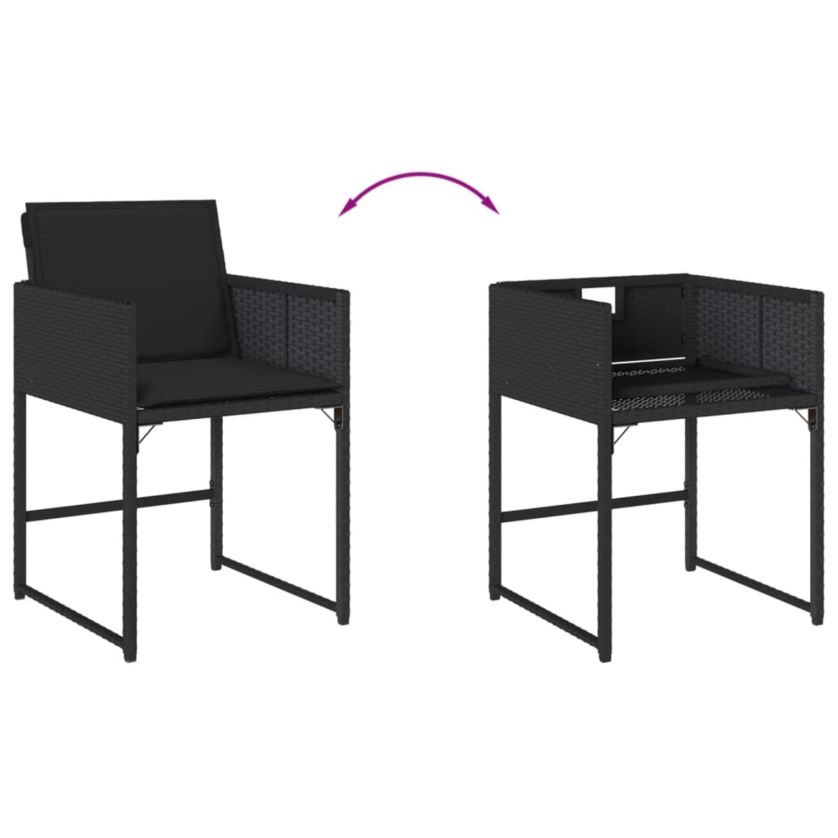Dos sillas negras de mimbre, una montada, otra con el asiento levantado. Una flecha curva muestra la transformación.