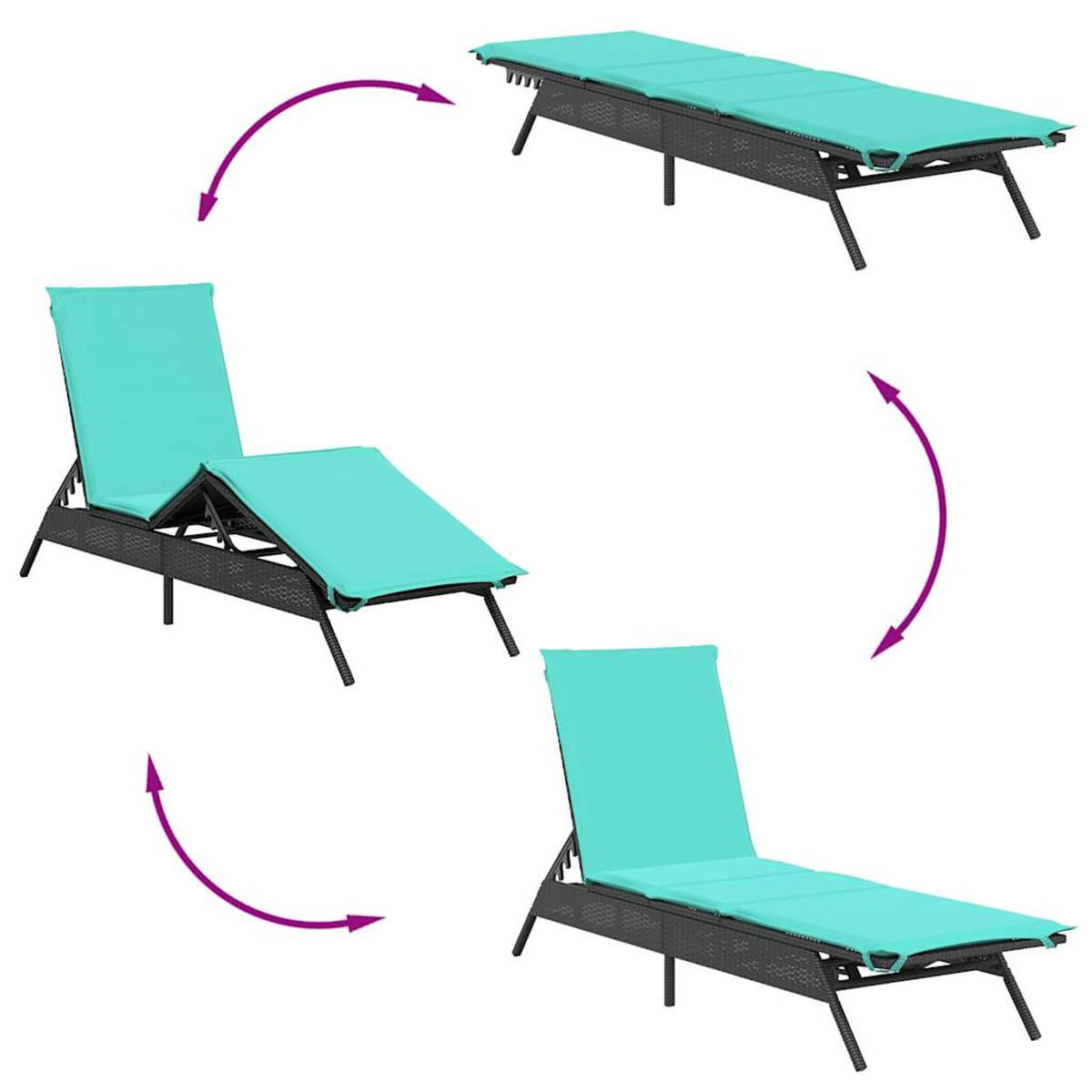 Diagramm, das eine Rattan-Sonnenliege in verschiedenen Positionen zeigt. Sie hat ein blaues Kissen. Pfeile zeigen die Änderungen.