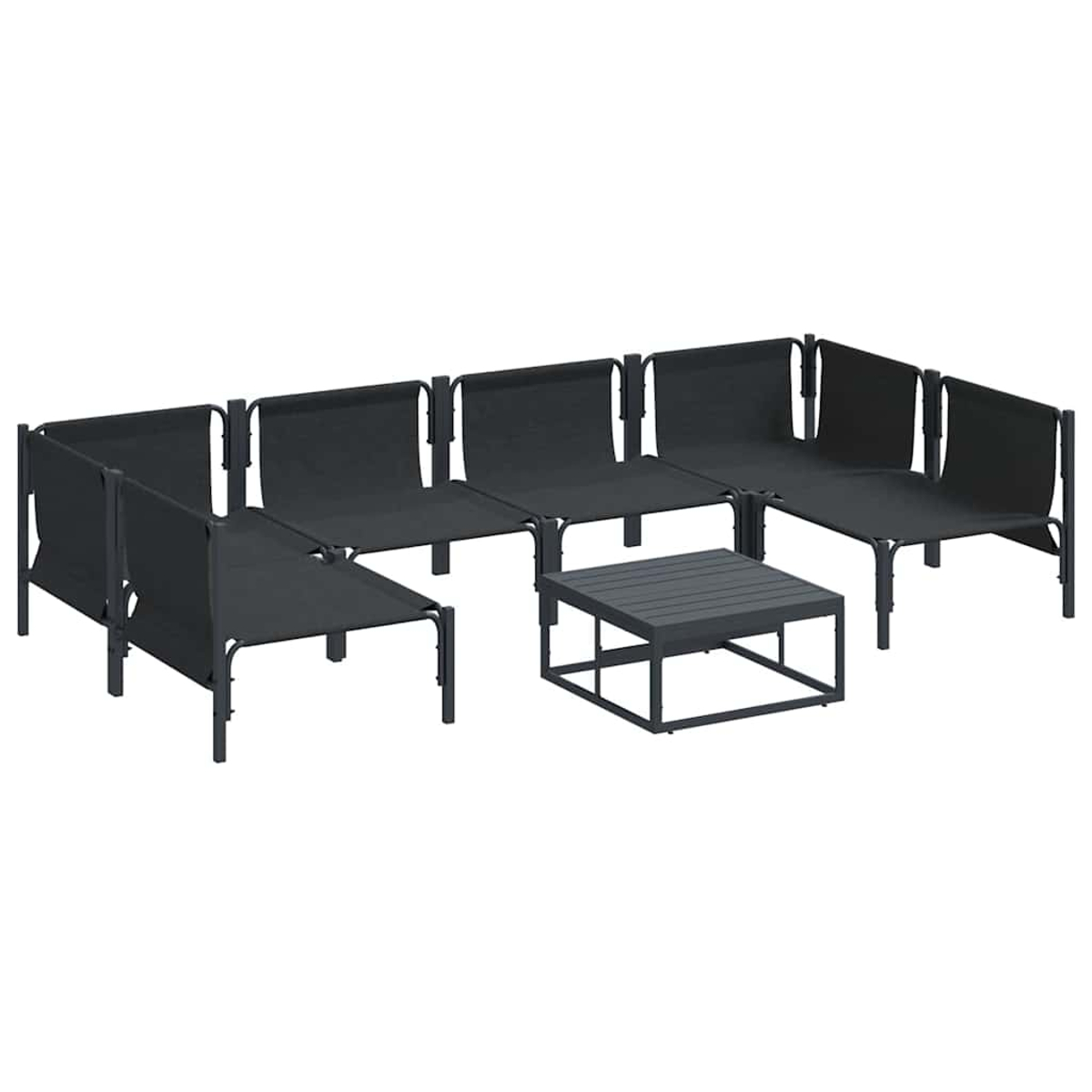 Set di sedute per esterni con telai in metallo e tessuto grigio scuro. Include un divano componibile e un tavolino quadrato.